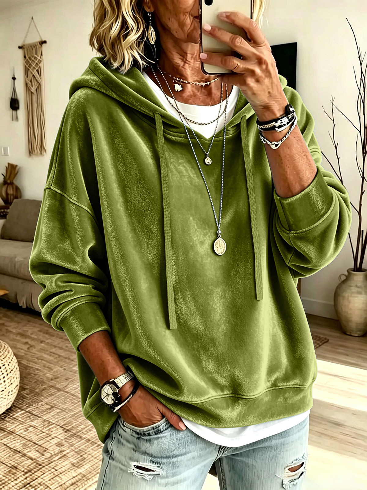 Style Women's Clothing Casual Solid Color Hooded Drawstring Long Sleeved Women's Shirt…