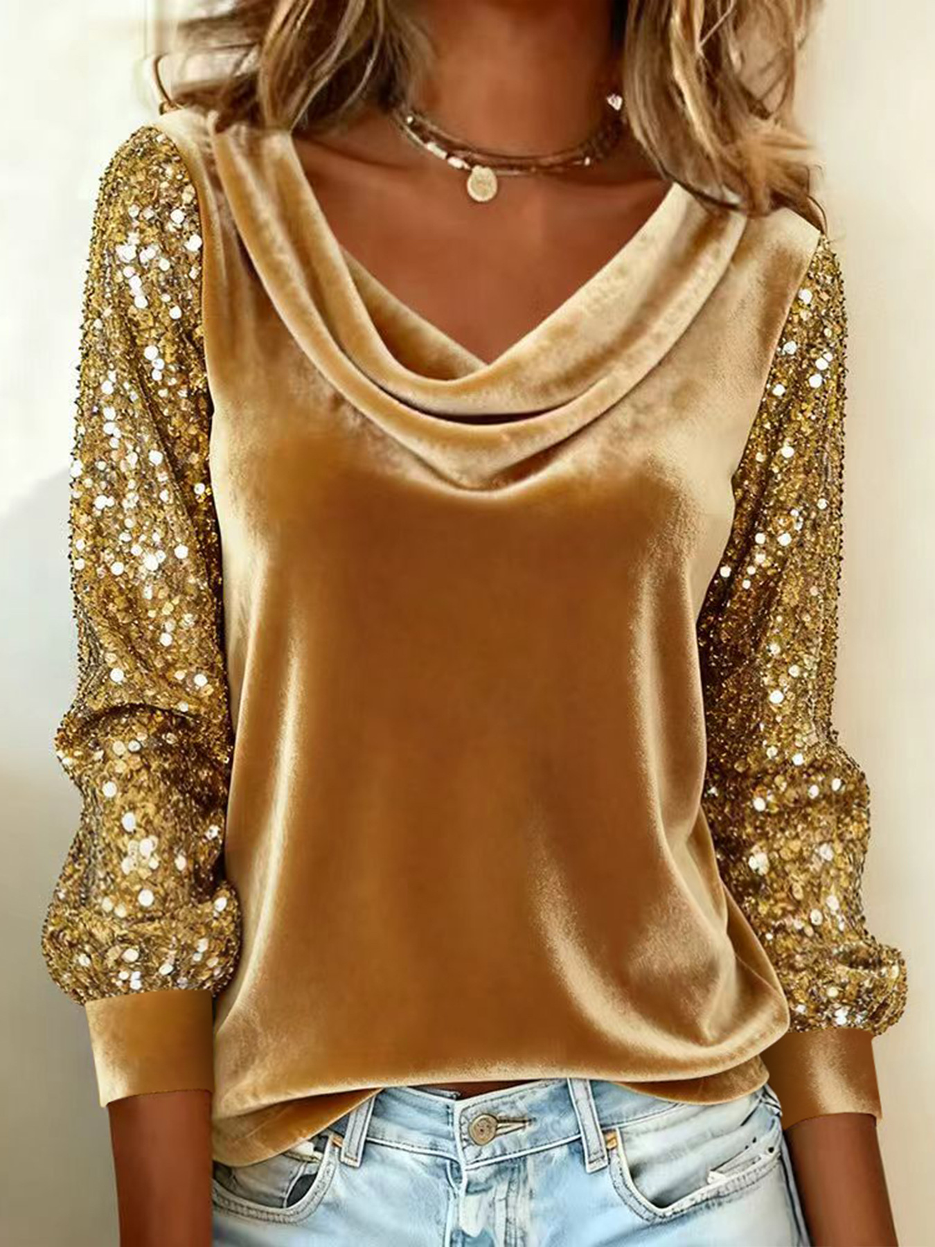 European And American-Style Fashion Women's Velvet Ruffled Collar Sequin Patchwork…
