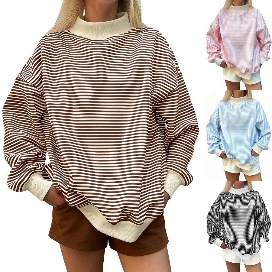 Women's Fall New Fashion Casual Striped Long-Sleeved Pullover Loose Sweatshirt