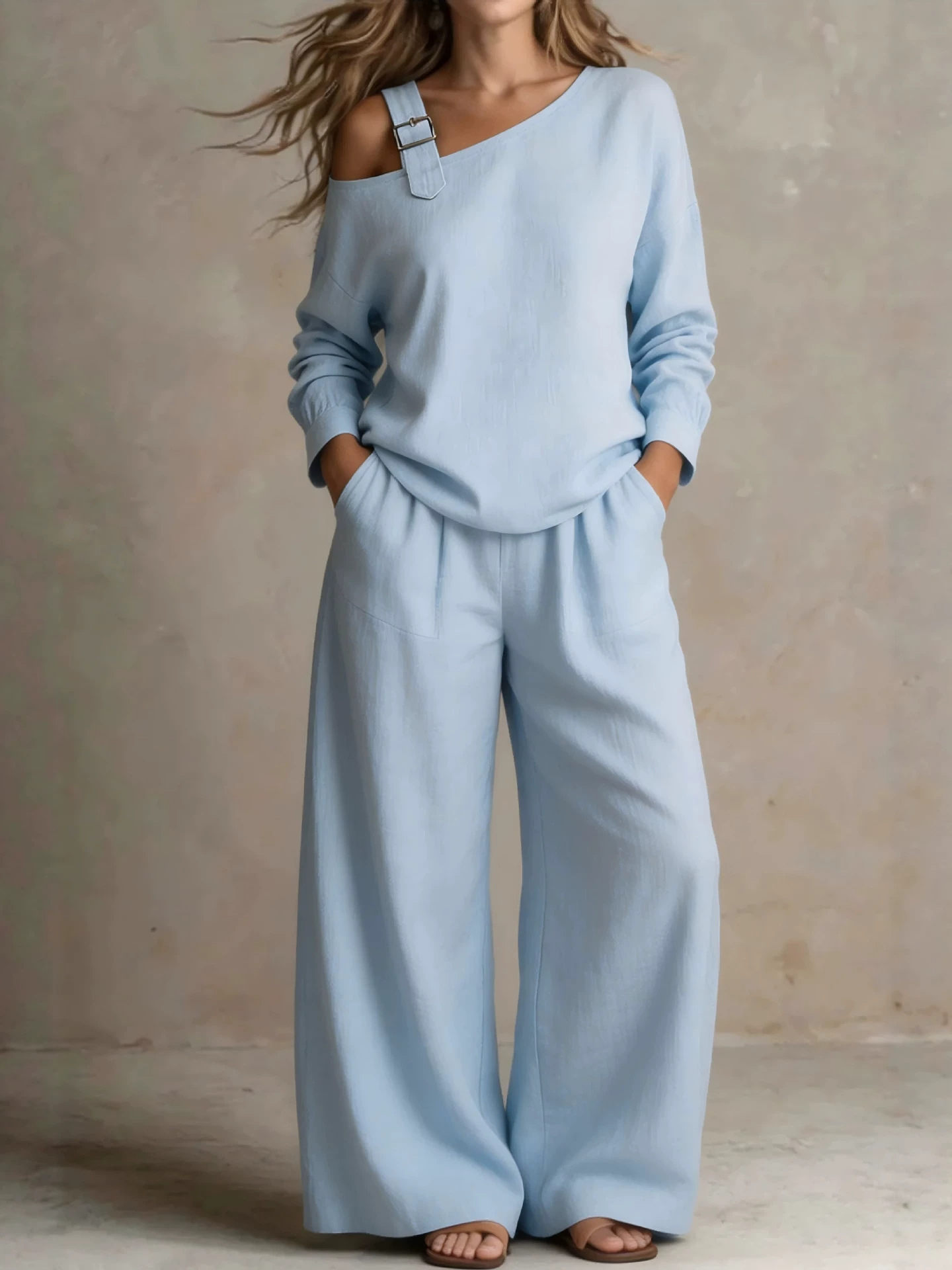 Site Hot-Selling Women's Casual Loose Fashion One-Shoulder Linen Blend Two-Piece Set