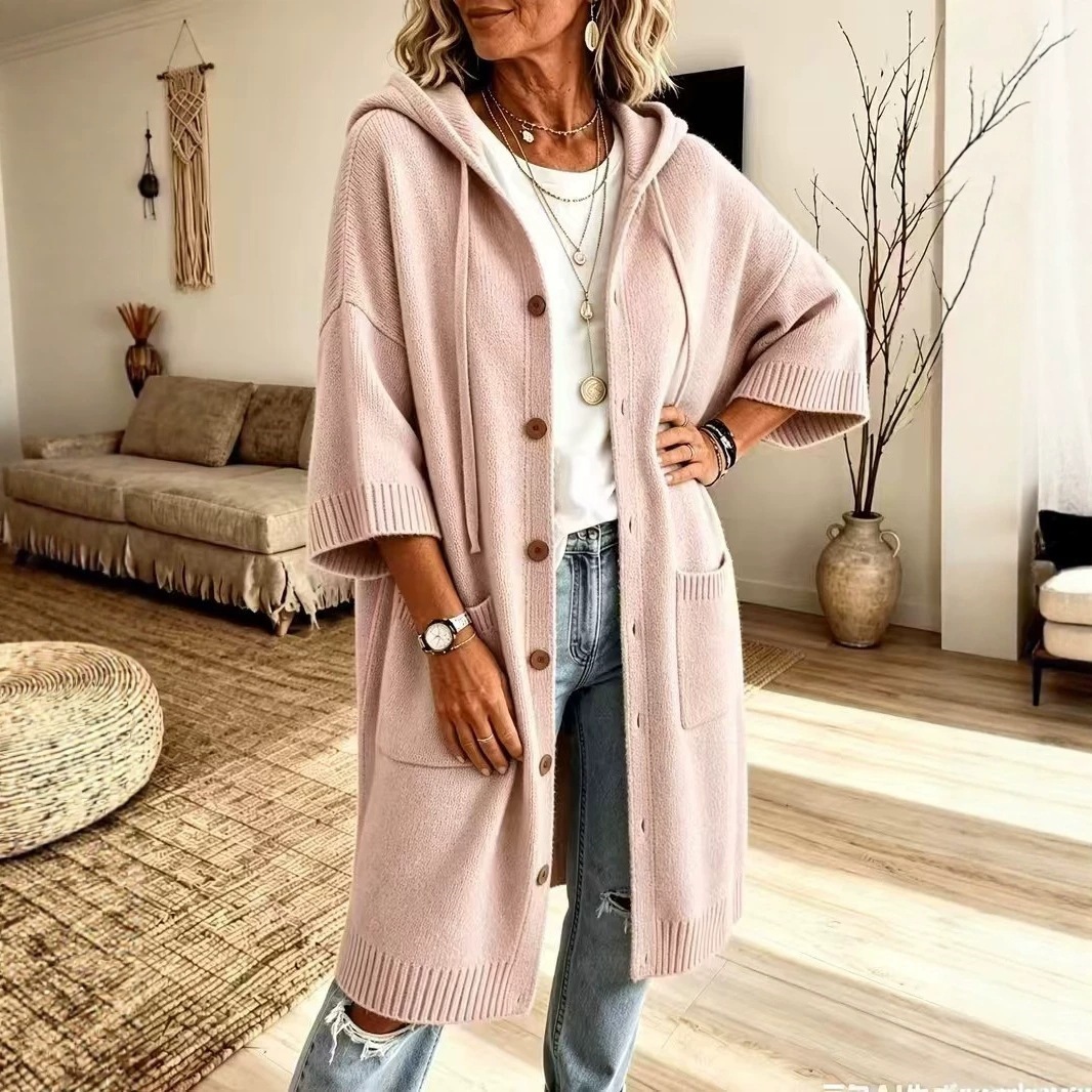 Women Hooded Knit Coat Mid-Length Button Down Cardigan Sleeve Loose Lazy Style Outerwear…