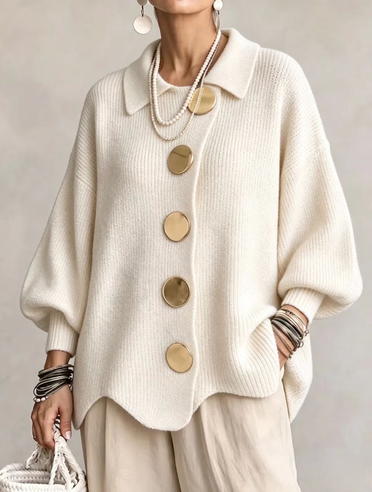 European And American Autumn And Winter Women's Knitted Jacket With Lapel And Buttons…