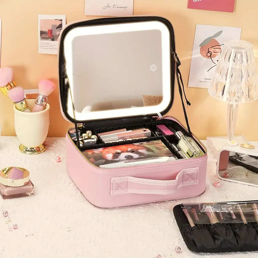 LED Makeup Organizer Case With Lighted Mirror And Adjustable Compartments