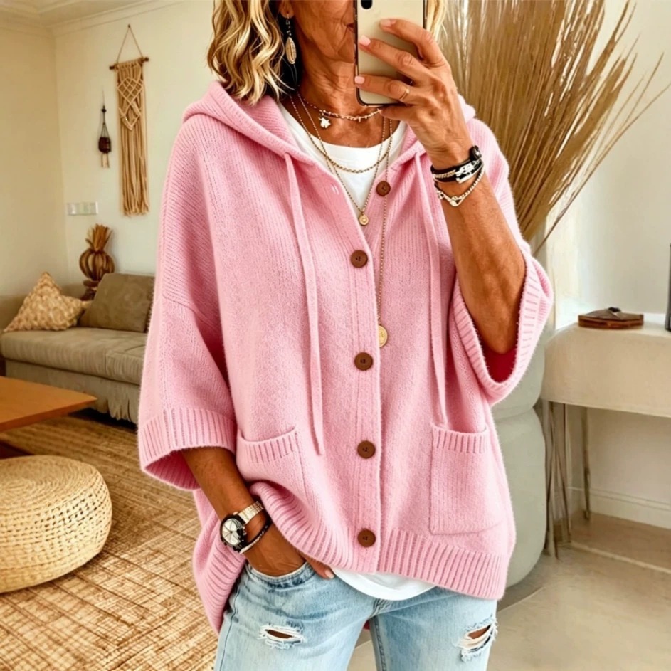 Women's Loose-Fit Hooded Knit Cardigan With Sleeves, Drawstring Hood, Pockets, Casual…