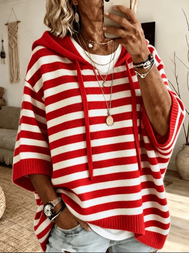 Women's Striped Hooded Knit Pullover - Loose Plus Size 3-4 Sleeve Drawstring Casual Outer…