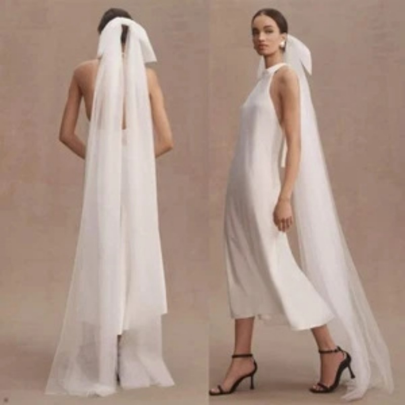 Minimalist White Double-layer Tulle Bridal Veil With A Bow
