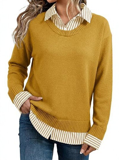Look Striped Patchwork Sweater For Women, Loose Pullover Knit Top, European And American…