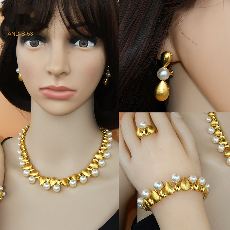 Women's Zircon Pearl Necklace Ring Earring Bracelet Four-piece Set