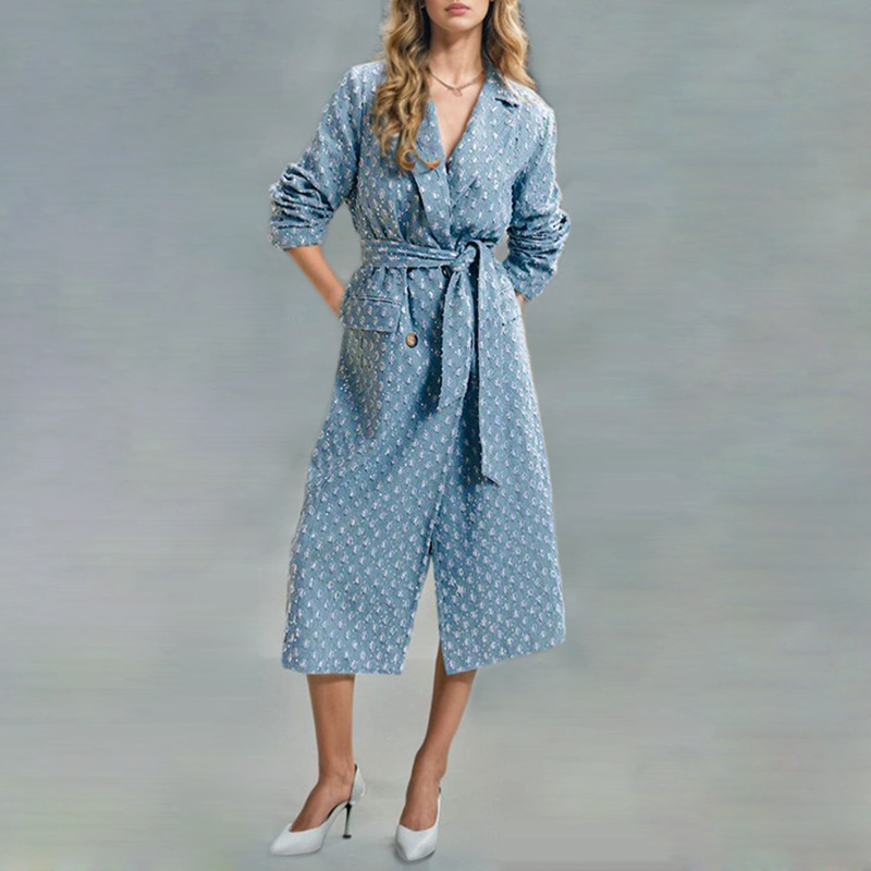 Light Blue Tweed Belted Double-Breasted Long Coat