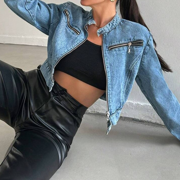 Stand Collar Zip Detail Cropped Denim Moto Jacket