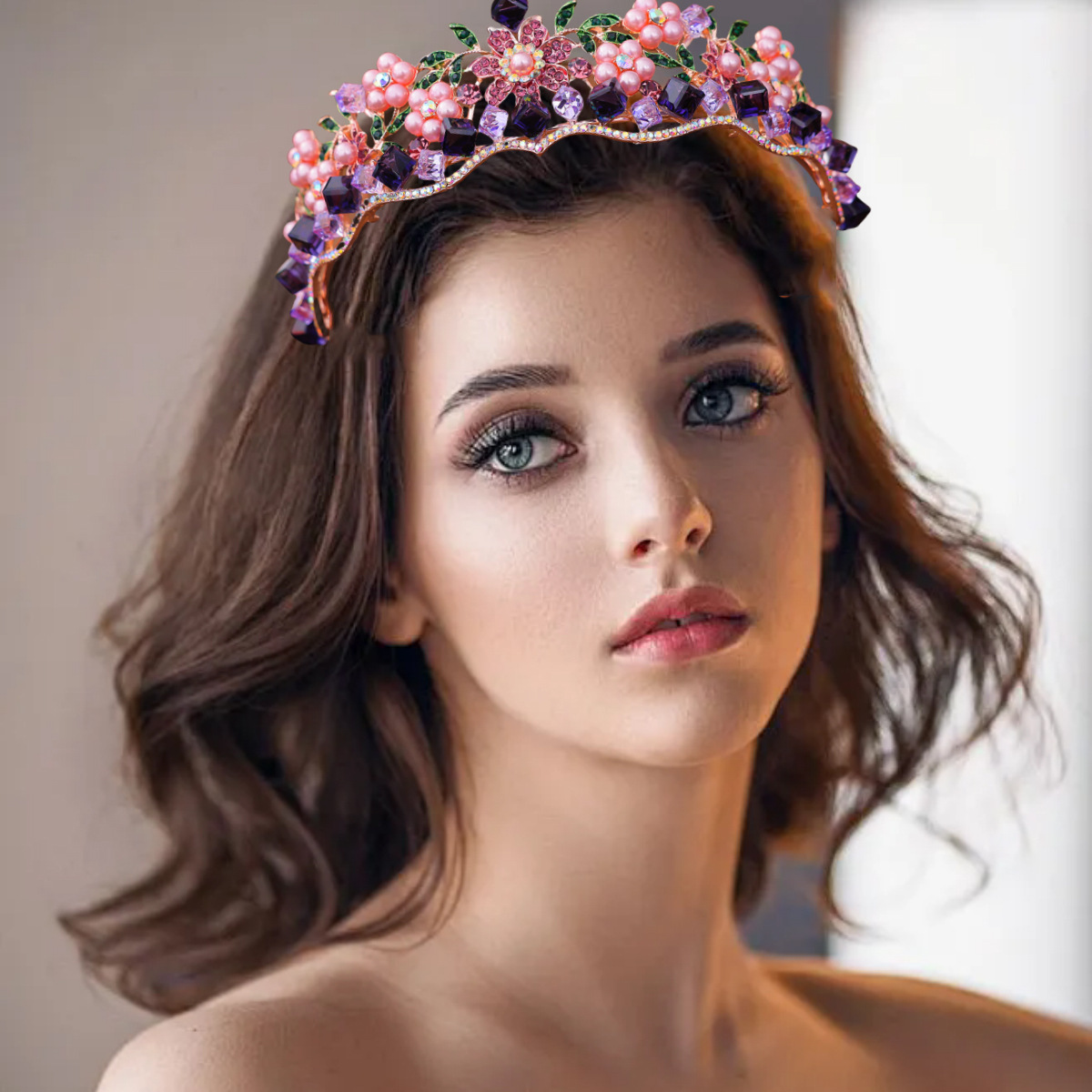 Women's Retro Purple Crystal Princess Crown Headdress