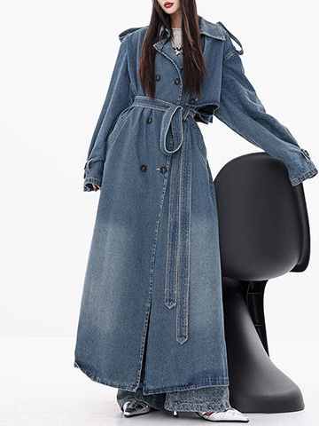 Double Breasted Belted Long Denim Trench Coat