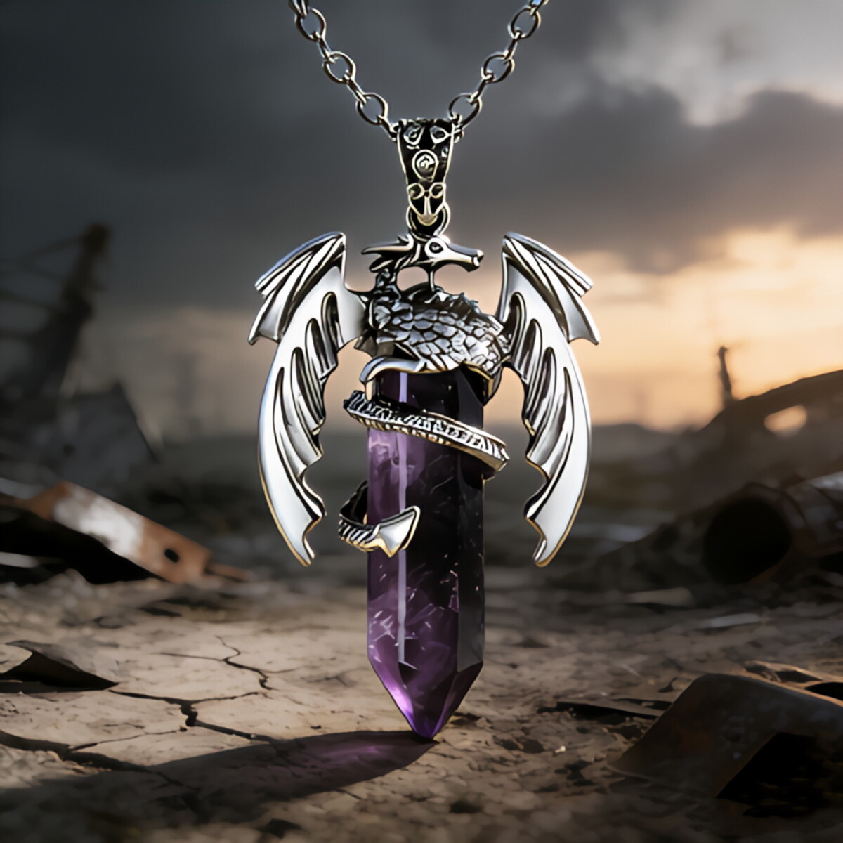 Gothic Punk Dragon Hexagonal Amethyst Crystal Pendant Necklace - Vintage Silver Flying…
