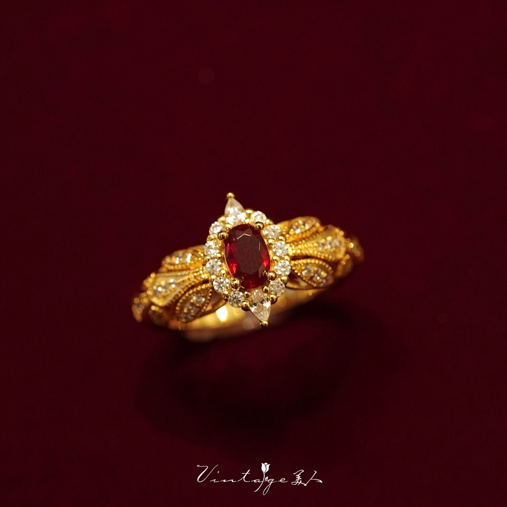French Vintage 18K Gold Plated Oval Cut Red Ruby Crystal Ring For Women - Baroque…