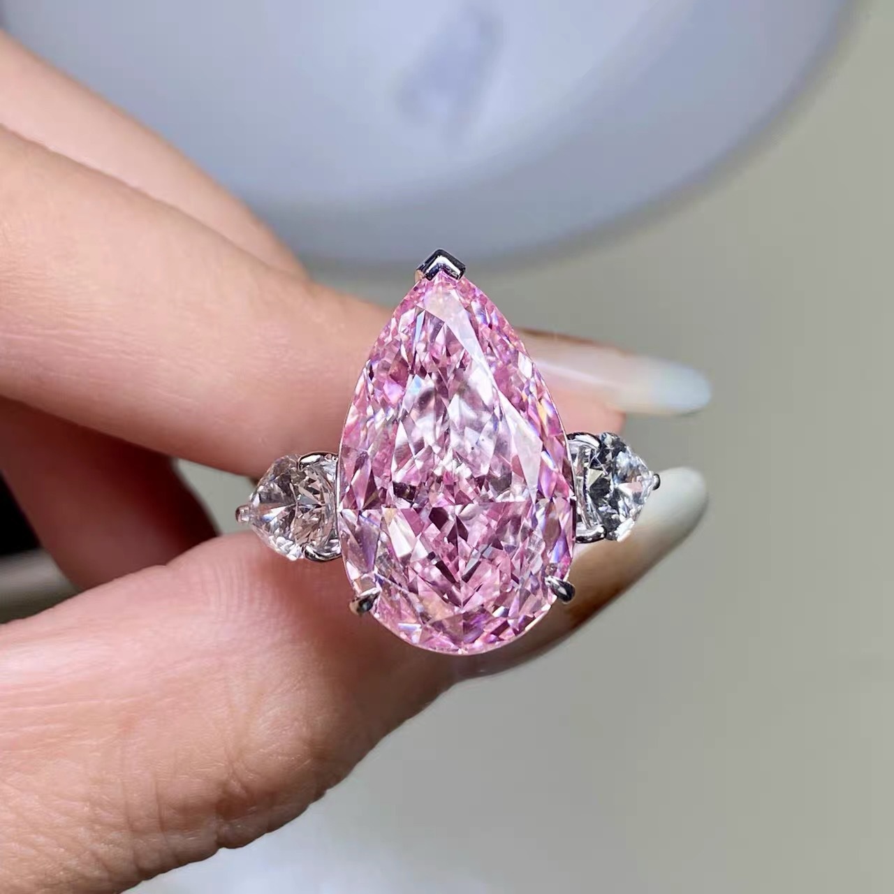 Sparkling Pear-Shaped Large Pink Diamond Ring For Women, Wealth-Attracting, Exquisite…
