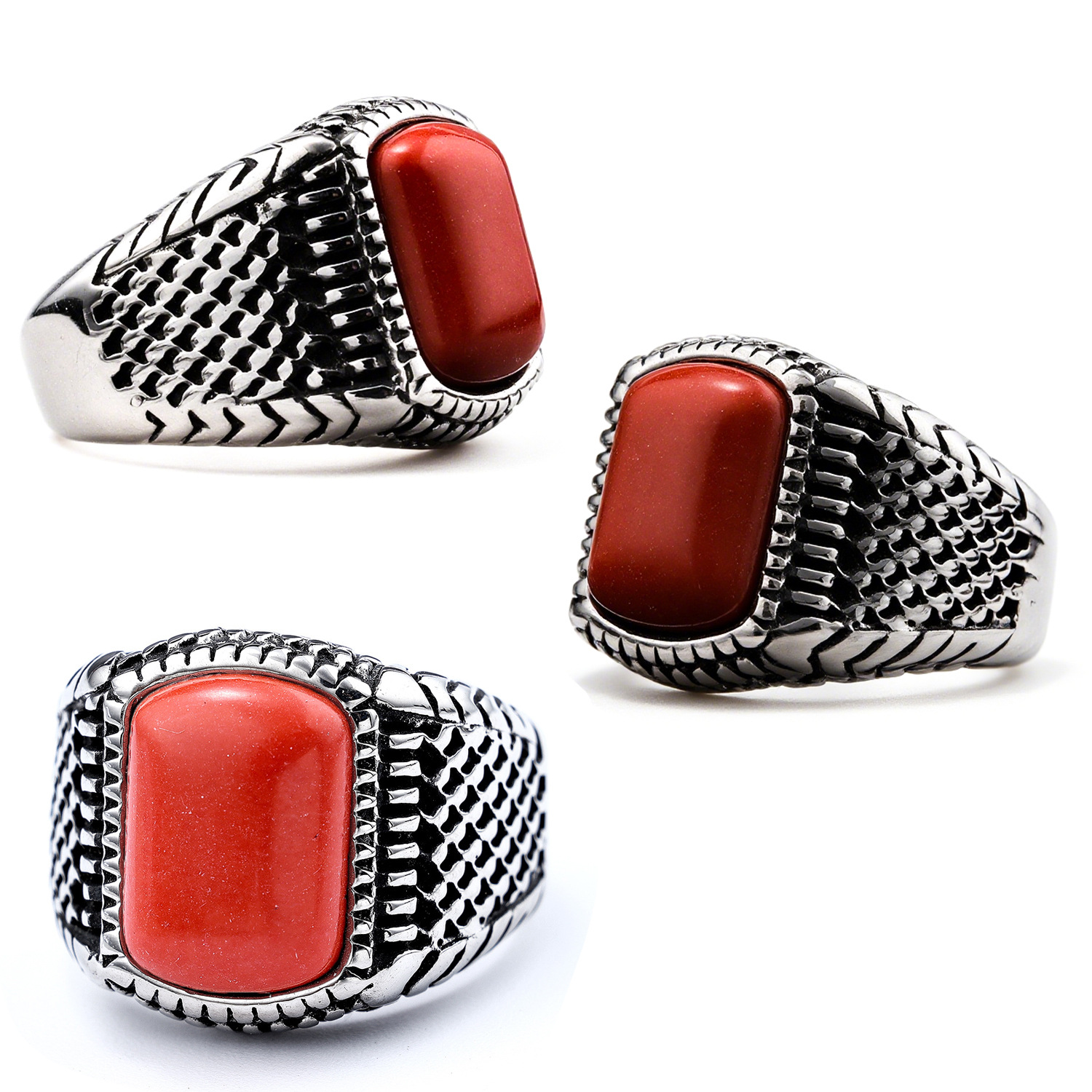 Ruby Jewelry Retro Bold Stainless Steel Ring Personalized Trendy Men's Fashion Punk Rock…