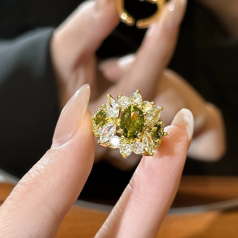 Green Geometric Full Diamond Ring For Women, Light Luxury High-End Open Ring, New Popular…
