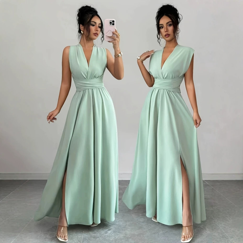 Elegant Solid-Color V-Neck Bow Long Dress For Women