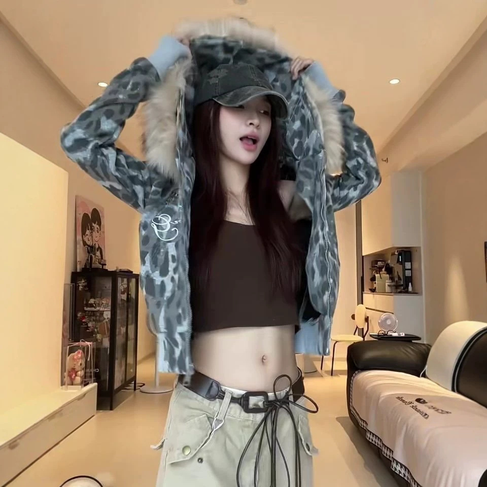 Vintage Leopard-print Fur-collar Patchwork Hooded Sweatshirt Jacket
