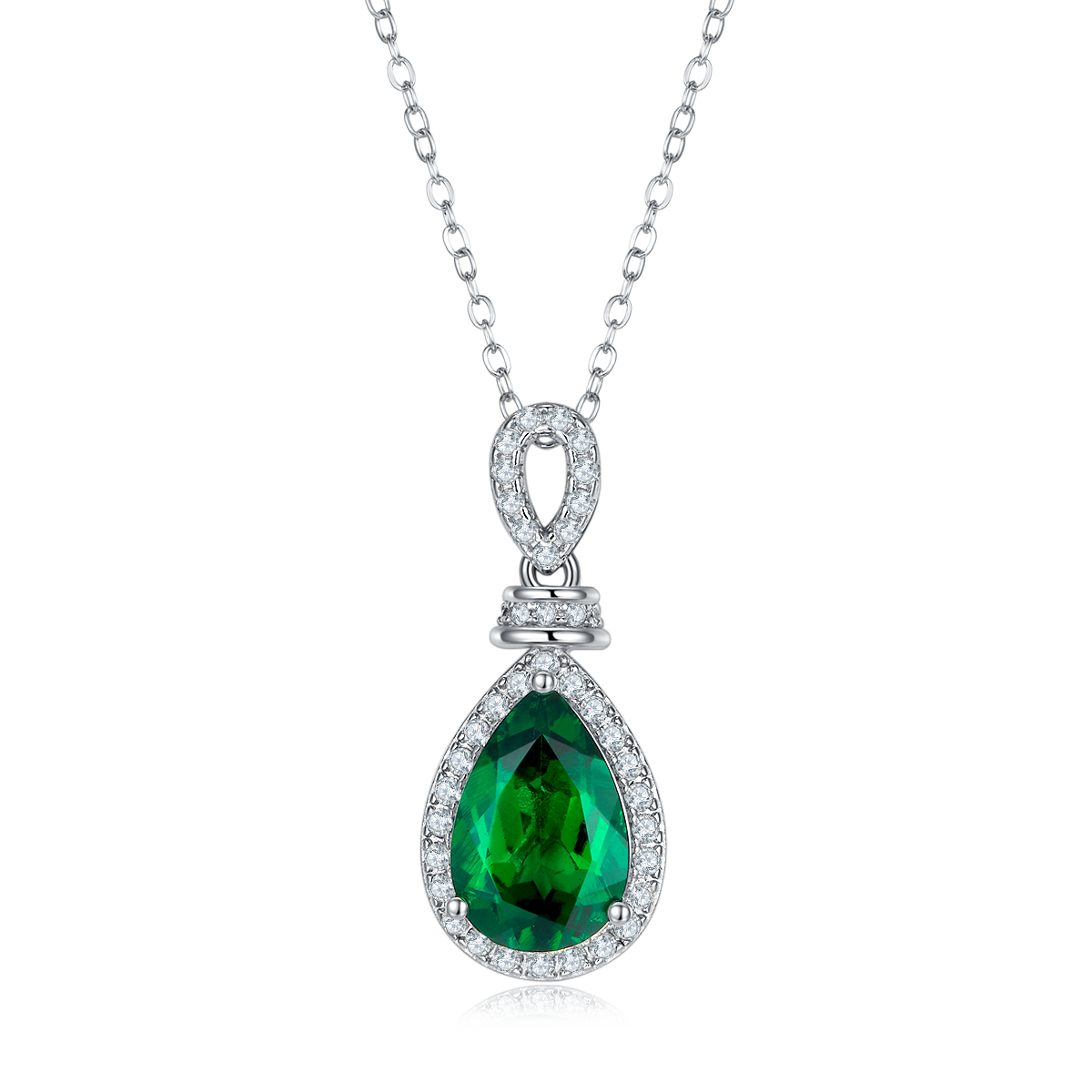 S925 Silver 3.3g Platinum Plated 4ct Lab-Created Emerald Necklace, 12x8mm Halo Pendant…
