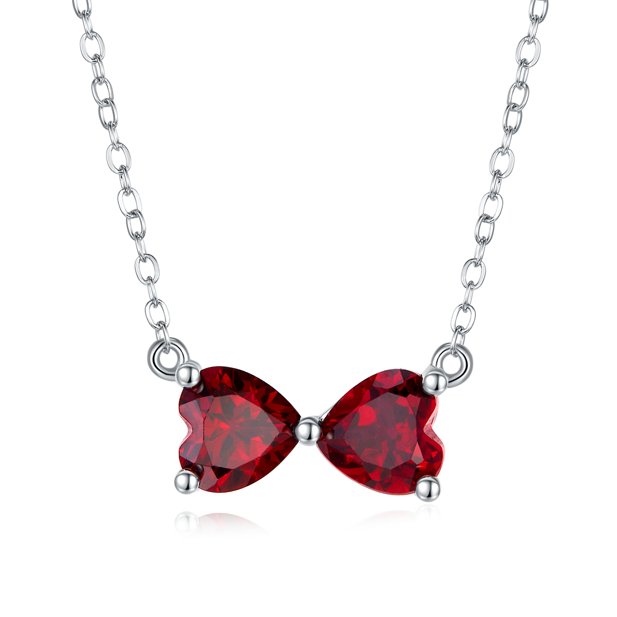 S925 Silver 2.4g 1.6ct Lab-Created Ruby Bow Necklace, 6mm Heart Pendant, 40&5cm