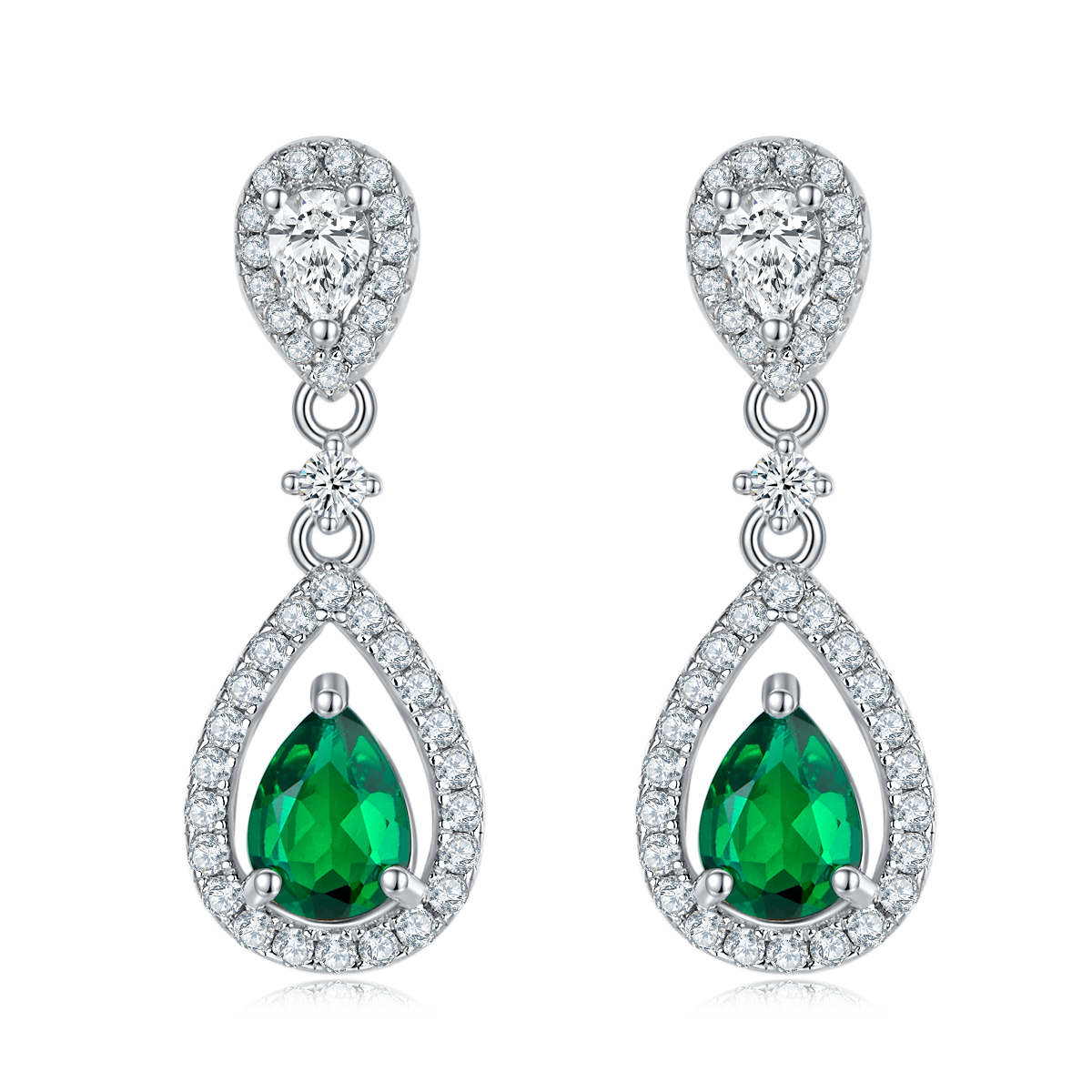 S925 Silver 3.5g Platinum Plated 1.6ct Lab-Created Emerald Drop Earrings, 7x5mm Pear Cut…