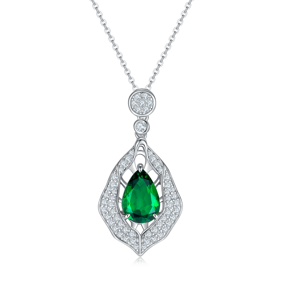S925 Silver 5.4g Platinum Plated 4ct Lab-Created Emerald Necklace, 12x8mm Teardrop…
