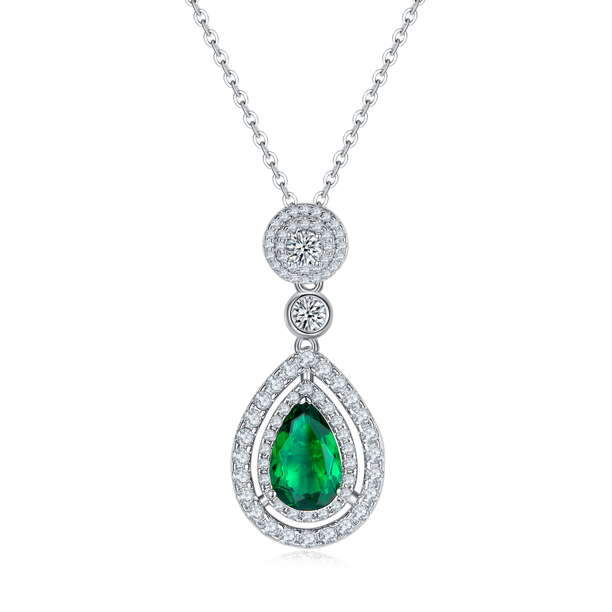S925 Silver 4.6g Platinum Plated 3.5ct Lab-Created Emerald Necklace, 11x7mm Teardrop Halo…