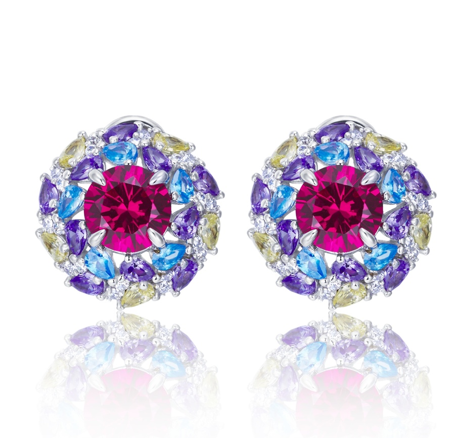 S925 Silver 6.5g 2ct Lab-Created Ruby Earrings, Multicolor Cluster, Pair