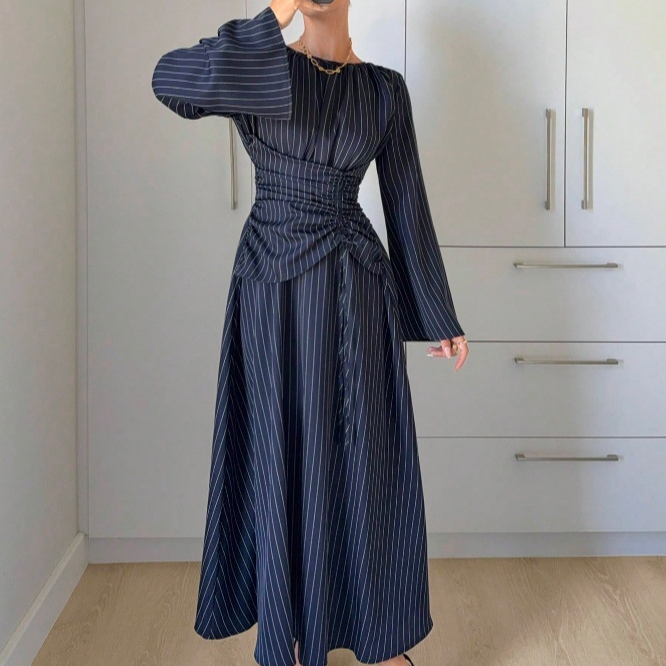 Long-sleeve Crew-neck Dress With Vertical Stripes