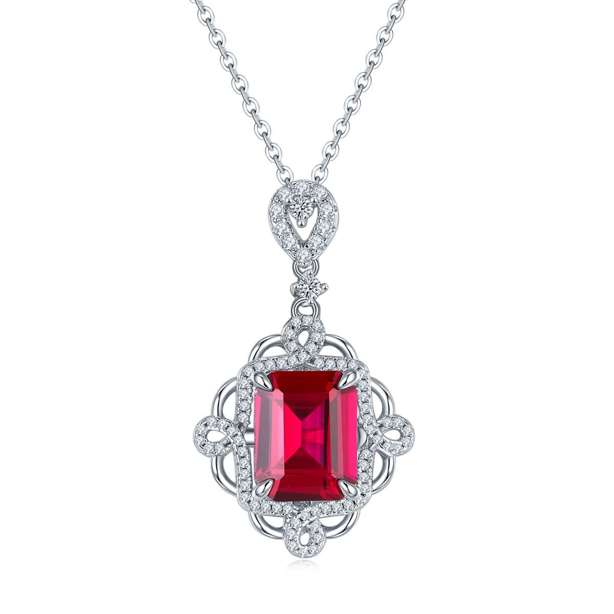 S925 Silver 4.3g 4.23ct Lab-Created Ruby Necklace, 10x8mm Vintage Pendant, 40&5cm