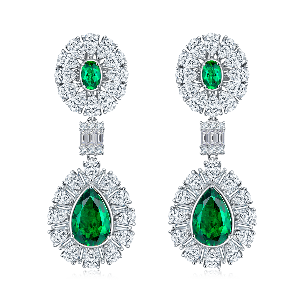 S925 Silver 15.4g 8ct Lab-Created Emerald Drop Earrings, 12x8mm & 6x4mm