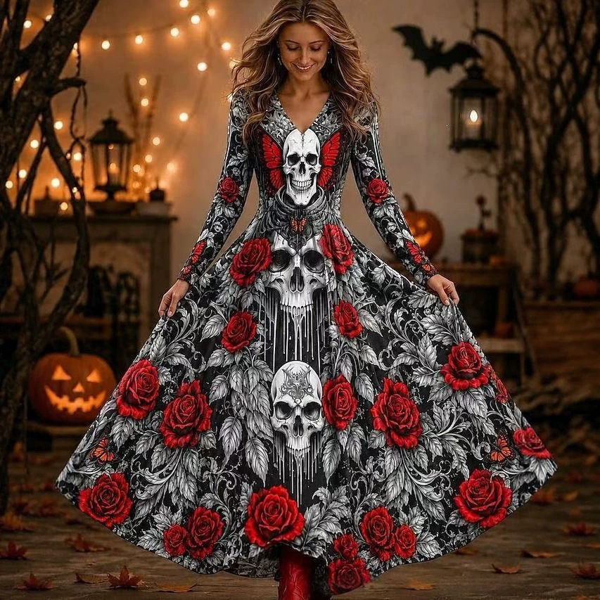Women's Skull Print Long-Sleeve V-Neck Dress