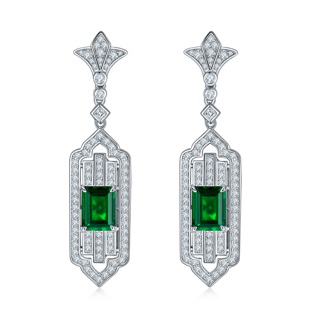 S925 Silver 11.3g Art Deco Lab-Created Emerald Drop Earrings, 3.65ct 9x7mm, Pair