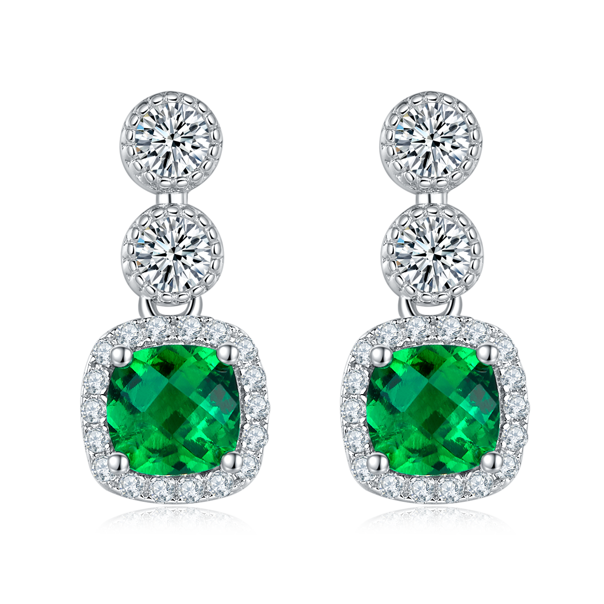 S925 Silver 2.2g Platinum Plated 0.98ct Lab-Created Emerald Drop Earrings, 5mm Halo…