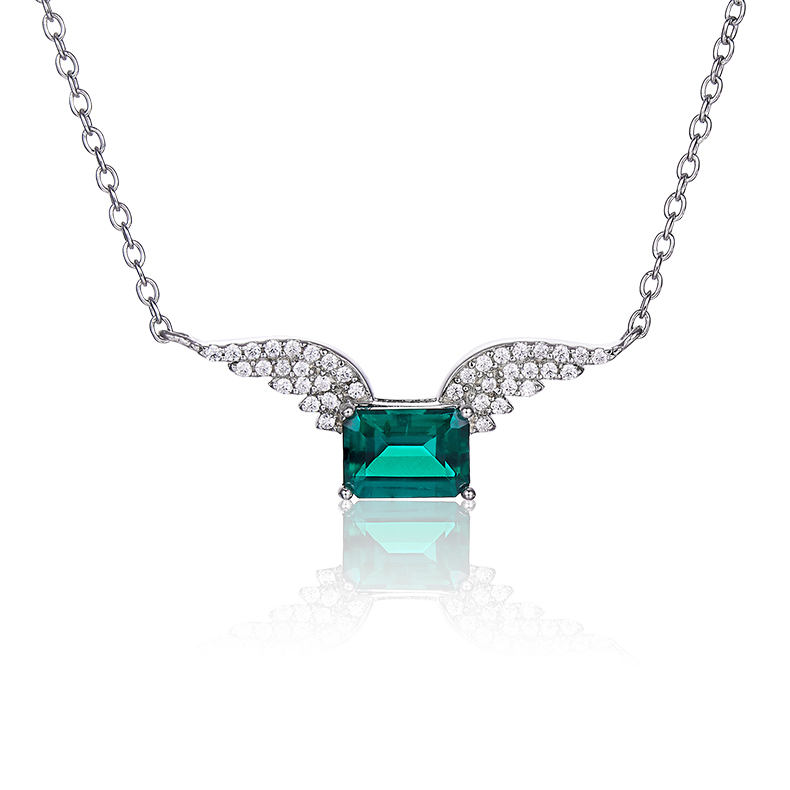 S925 Silver 3g Platinum Plated 0.9ct Lab-Created Emerald Necklace, 7x5mm Angel Wings…