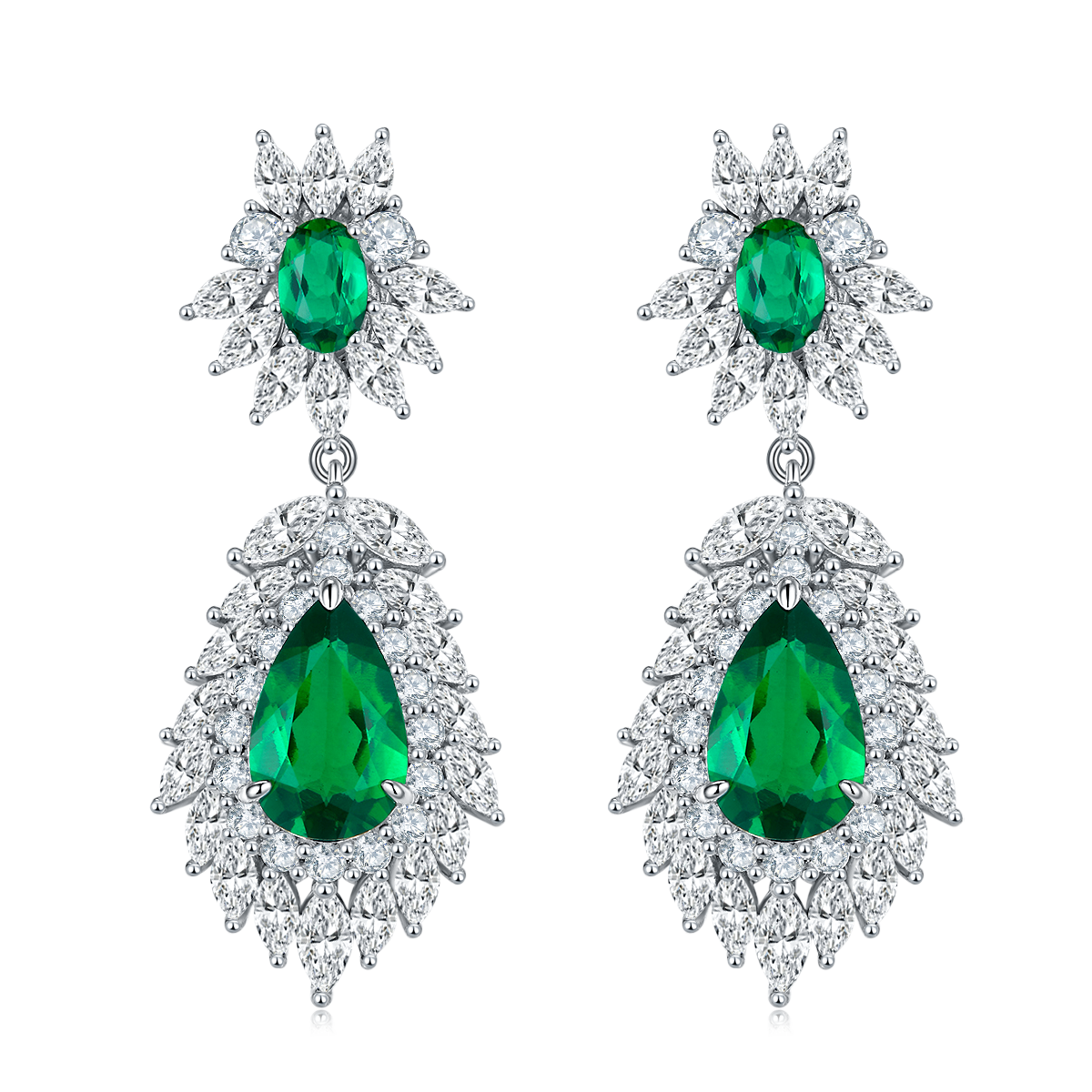 S925 Silver 8.8g 4.12ct Lab-Created Emerald Drop Earrings, 11x7mm & 6x4mm, Pair