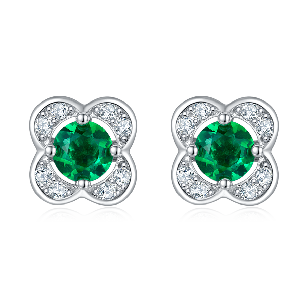 S925 Silver 1.5g 0.45ct Lab-Created Emerald Clover Earrings, 4mm Studs, Pair