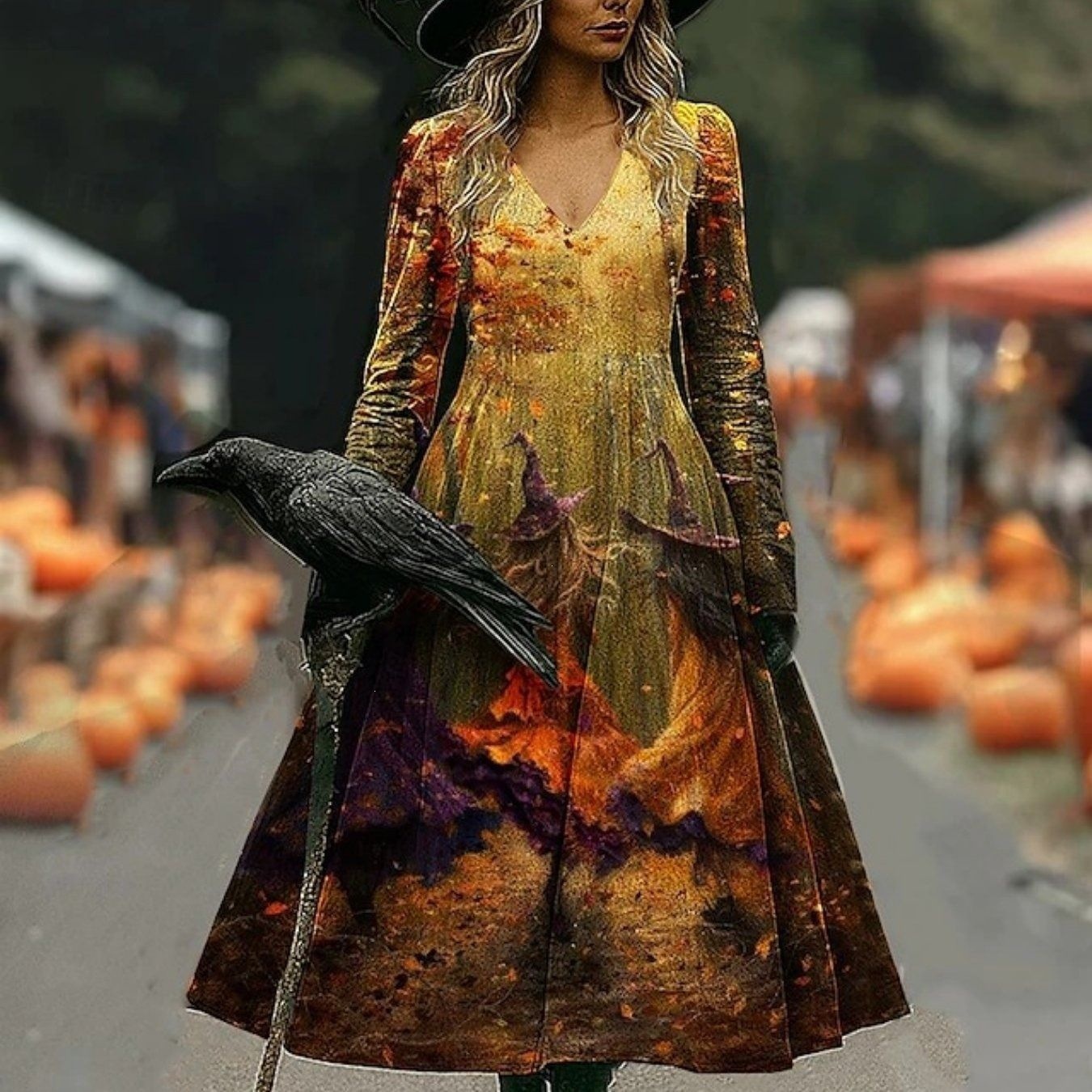 Loose-fitting Fashionable V-neck Printed Dress