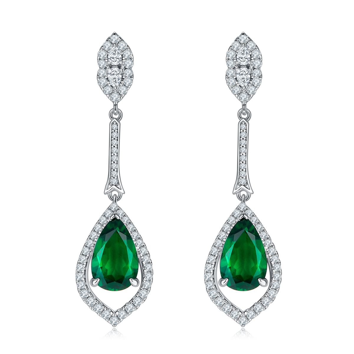 S925 Silver 5.6g Lab-Created Emerald Drop Earrings, 3.4ct 11x7mm Pair