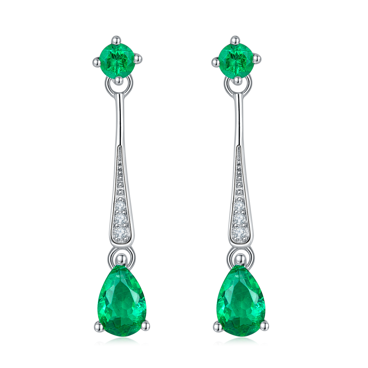 S925 Silver 1.7g Lab-Created Emerald Drop Earrings, 0.5ct 6x4mm Pear & Round, Pair