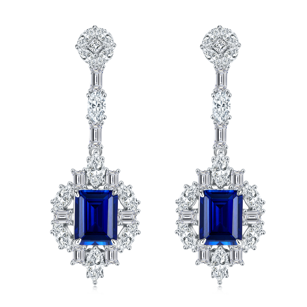 S925 Silver 8.7g Lab-Created Sapphire Drop Earrings, 5.55ct 9x7mm Emerald Cut, Pair