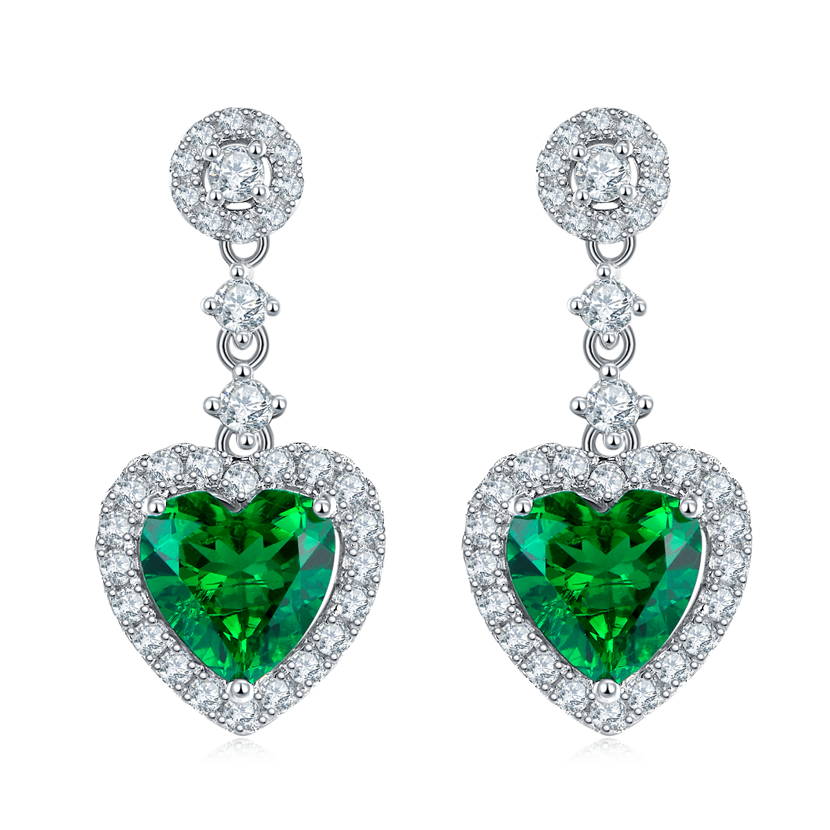 S925 Silver 3.5g Lab-Created Emerald Heart Drop Earrings, 1.38ct 7mm Halo, Pair
