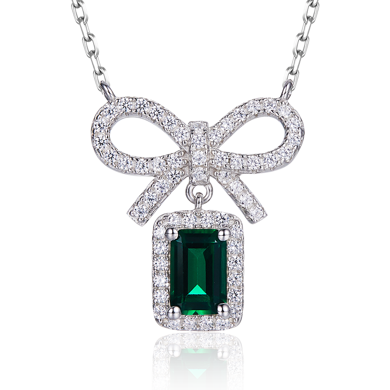 S925 Silver 2.6g Lab-Created Emerald Bow Necklace, 0.5ct Gem, 40&5cm