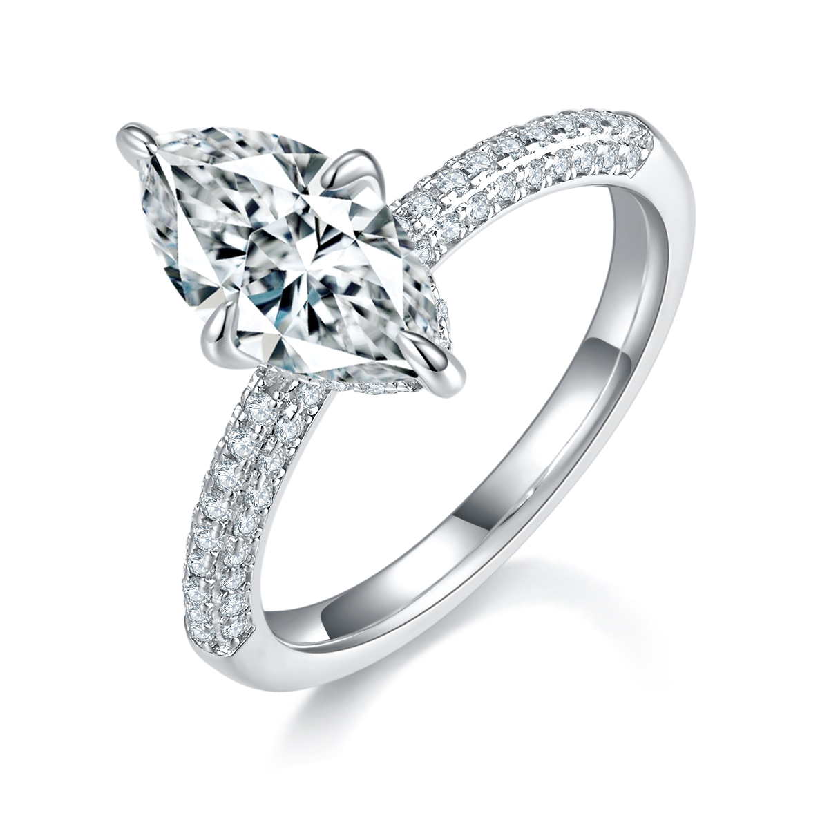S925 Silver 3g Platinum Plated Marquise Moissanite Ring, 12x6mm 2.0ct D VVS1 Pave Band…