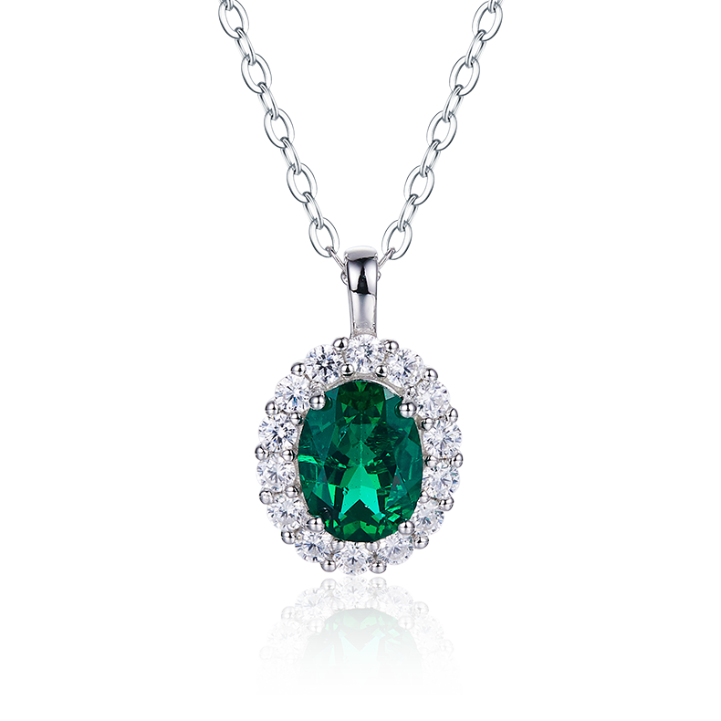 S925 Silver 2.9g 1ct Lab-Created Emerald Halo Necklace, 40&5cm Adjustable