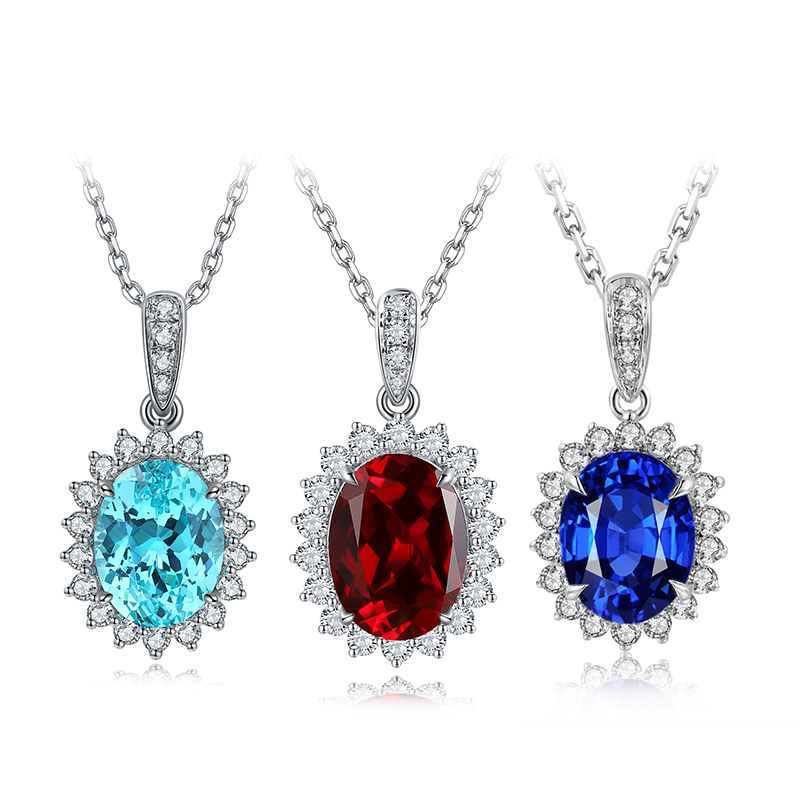 S925 Silver 2.4g Lab-Created Gemstone Necklace, 8x10mm Ruby&Sapphire&Paraiba Pendant…