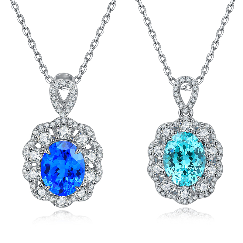 S925 Silver 4g Lab-Created Cobalt Spinel Paraiba Necklace, 7x9mm Pendant, 40&5cm