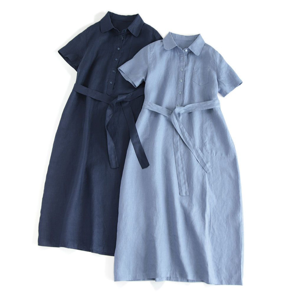 A-line Long Tie-front Solid-color Shirt Dress Women's