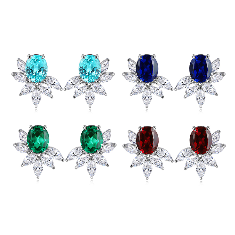 S925 Silver 7.3g Lab Created Gemstone Earrings, 10x8mm Multi-Color Flower Studs, Ruby…